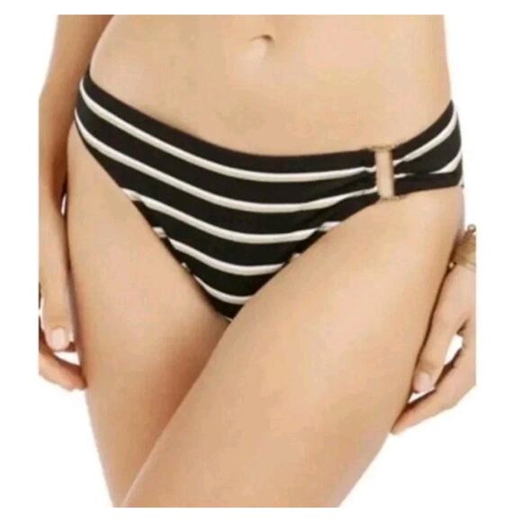 Ralph Lauren BLACK Striped Gold Tone Ring Hipster Bikini Swim Bottom 6 NWT $72 - Picture 1 of 9